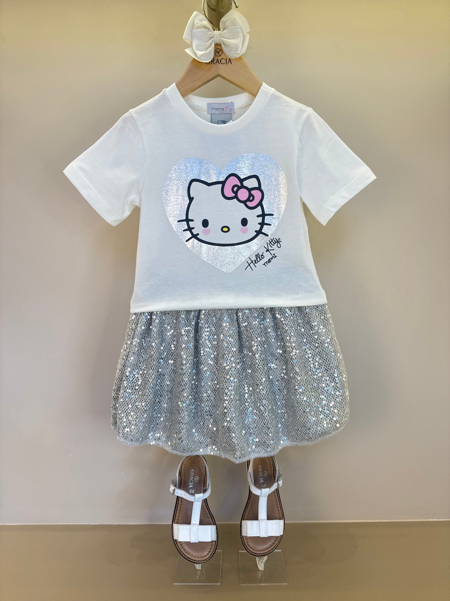 Conjunto Infantil Blusa Hello Kitty Foil com Saia Paetê Prata - Momi