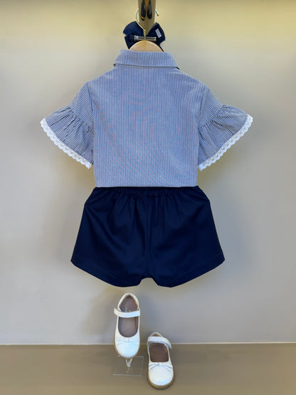 Conjunto Infantil Camisa Listrada Bordada e Shorts Sarja Marinho - Um Mais Um