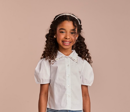 Conjunto Infantil Camisa Branca Gola Cristais e Salopete Like Leather Preta - Gabriela Aquarela