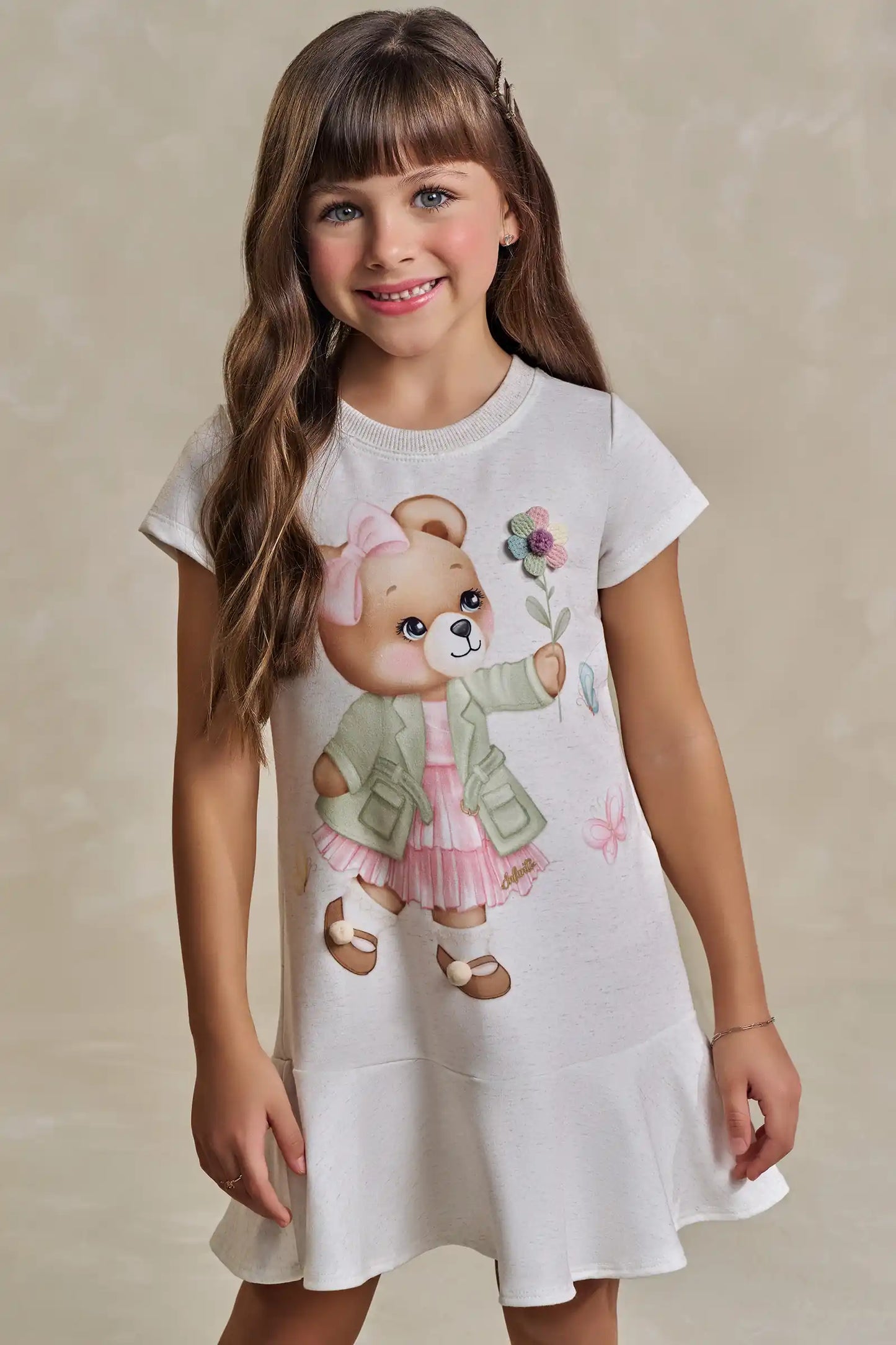 Vestido Infantil Molecotton Algodão Ursinha Flores Bege Claro - Infanti