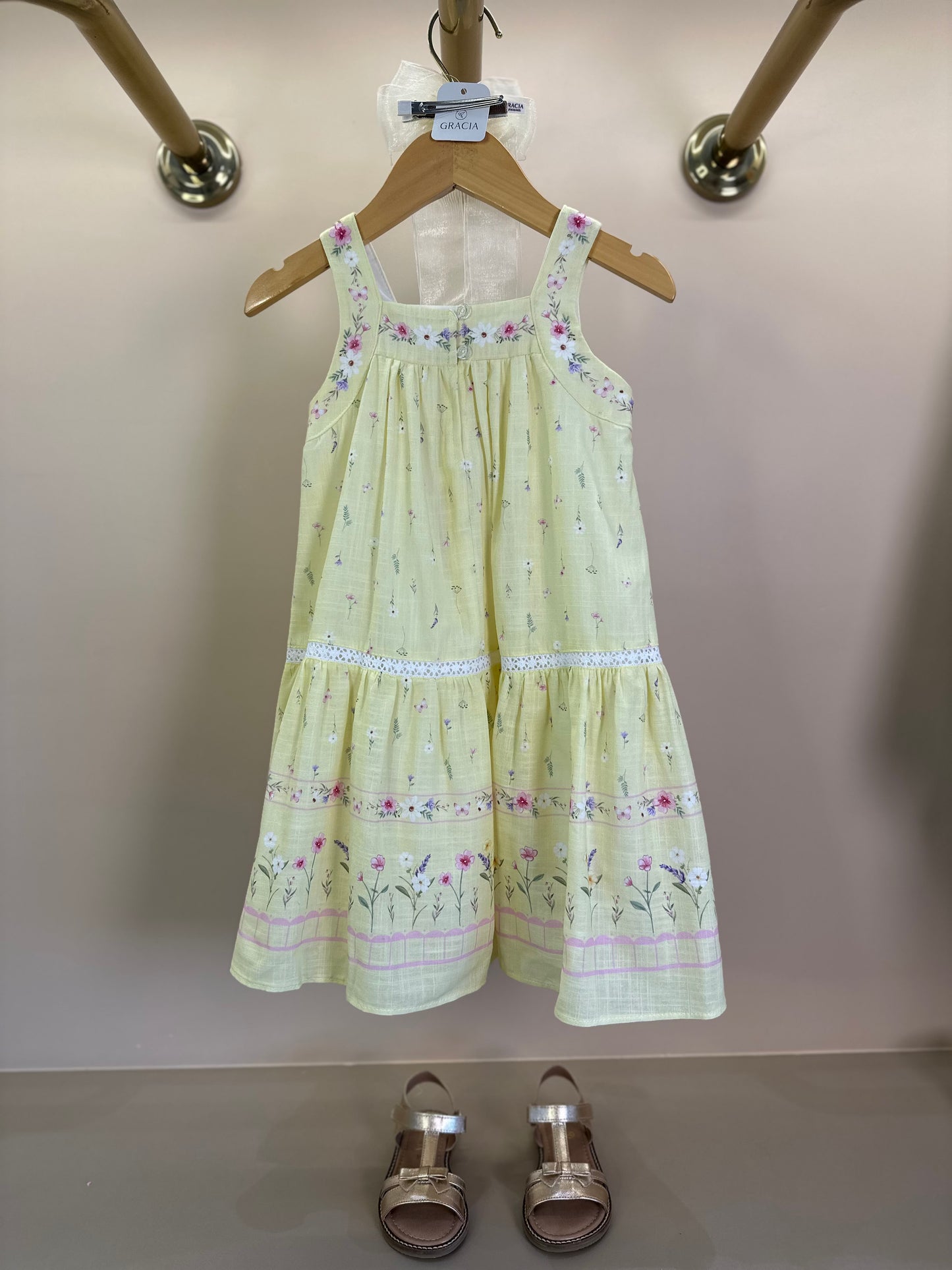 Vestido Infantil Trapézio Algodão Amarelo Estampado Flores - Petit Cherie