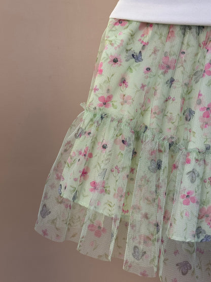 Conjunto Infantil Blusa Babados Tule e Saia Estampa Borboletinhas - Petit Cherie