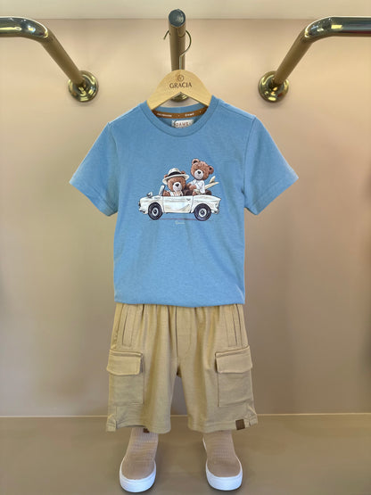 Conjunto Infantil Camiseta Algodão Teddy Conversível Malibu e Bermuda Ponto Roma Bolsos Cargo Bege - Dame