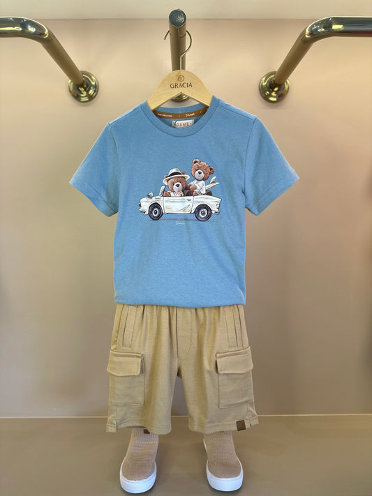 Conjunto Infantil Camiseta Algodão Teddy Conversível Malibu e Bermuda Ponto Roma Bolsos Cargo Bege - Dame