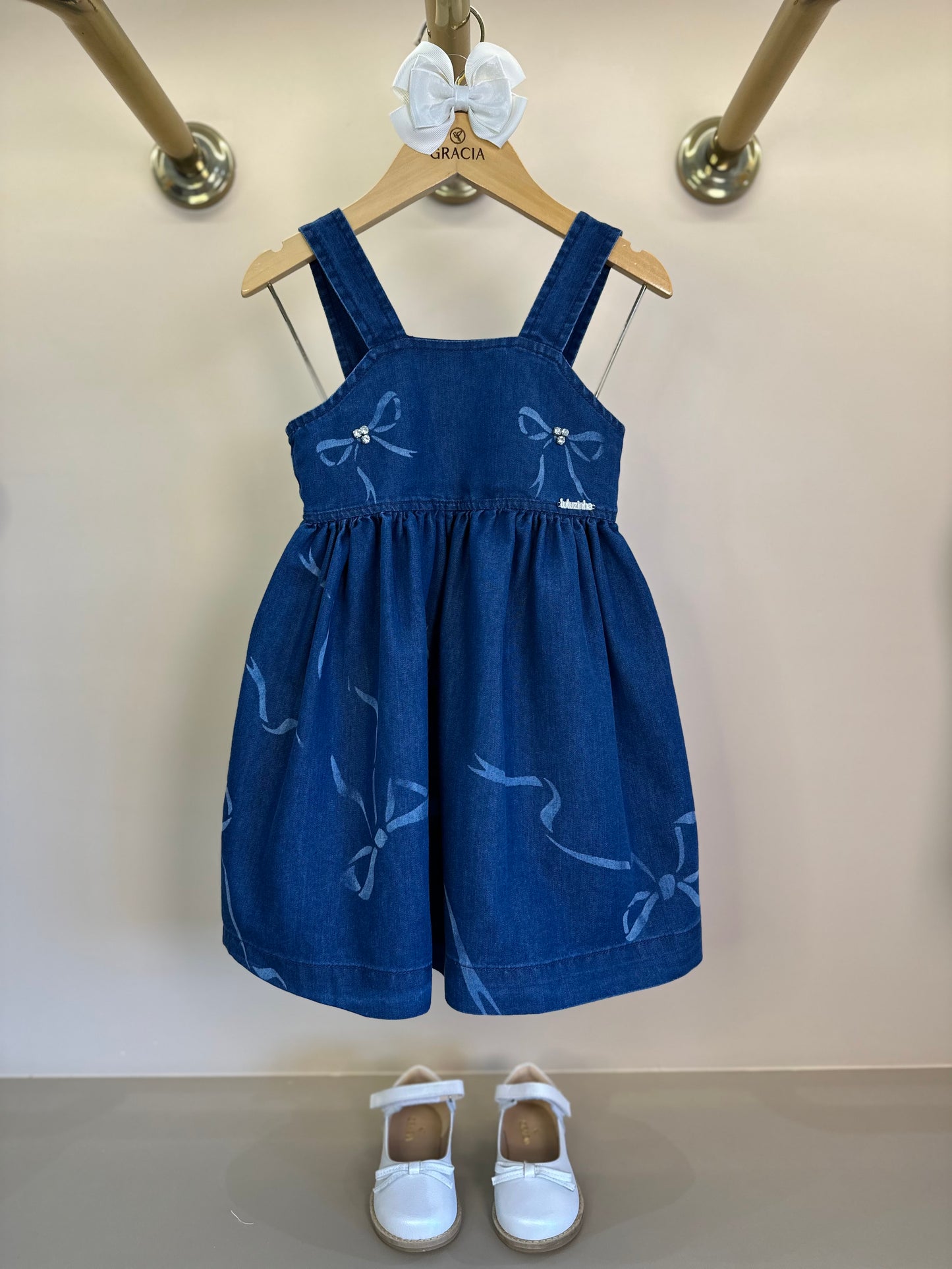Vestido Infantil Jeans Laços Rodado - Luluzinha