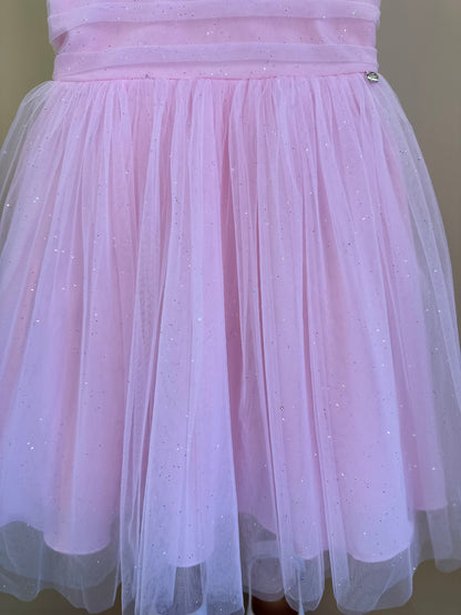 Vestido Infantil Tule com Brilho Tomas e Frufru Rosa Claro - Petit Cherie