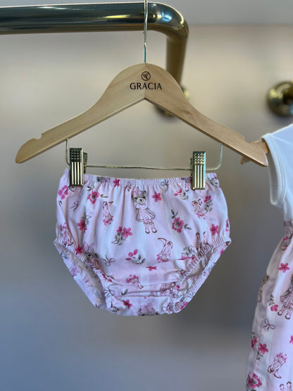 Vestido Bebê Algodão Listrado e Saia com Calcinha Flores & Ursinhas - Pituchinhus