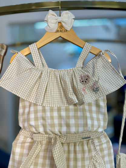 Conjunto Infantil Blusa Ciganinha e Saia-shorts Midi Xadrez Patches - Pituchinhus