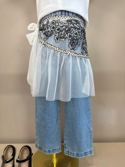 Conjunto Infantil Blusa Golinha Gravata Strass Pérola e Calça Jeans Lenço Bordado - Animê