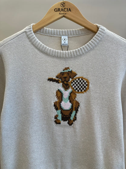 Conjunto Teen Blusa Suéter Tricot Dog Tennista E Calça Legging Cirrê com Bolsos Bege  - Two In