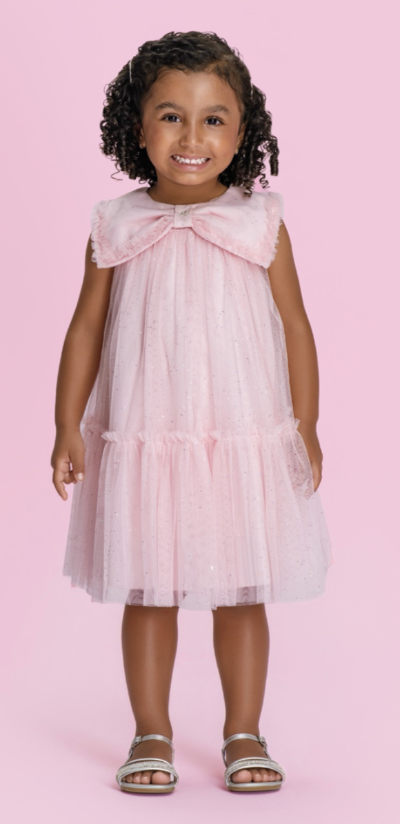 Vestido Infantil Em Tule Laço Maxxi Rosa - Petit Cherie