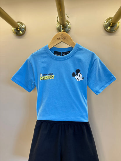 Conjunto Infantil Camiseta Mickey Azul Celeste e Bermuda Moletom Preta - Youccie