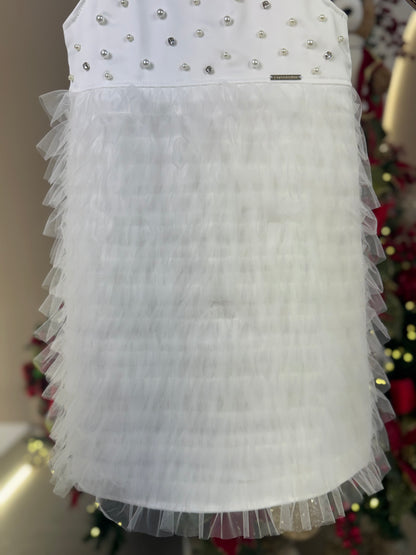 Vestido Infantil Festa Pérolas Tule Frufru Branco - Pituchinhus