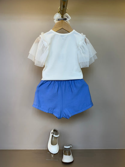 Conjunto Infantil Blusa Lacinho Manga Tule e Shorts Azul Médio - Infanti