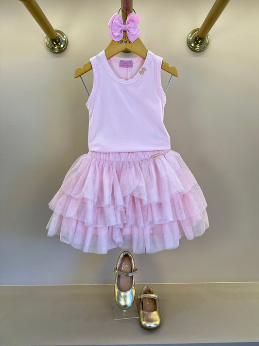 Conjunto Infantil Blusa Plaquinha Bordado Strass e Saia Rodada Camadas Tule Glitter Rosa - Luluzinha