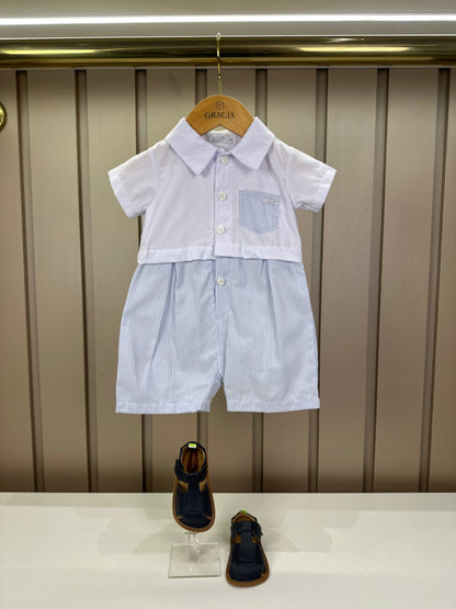Macaquinho Bebê Botões & Bolso Branco com Listras Azul - Roana