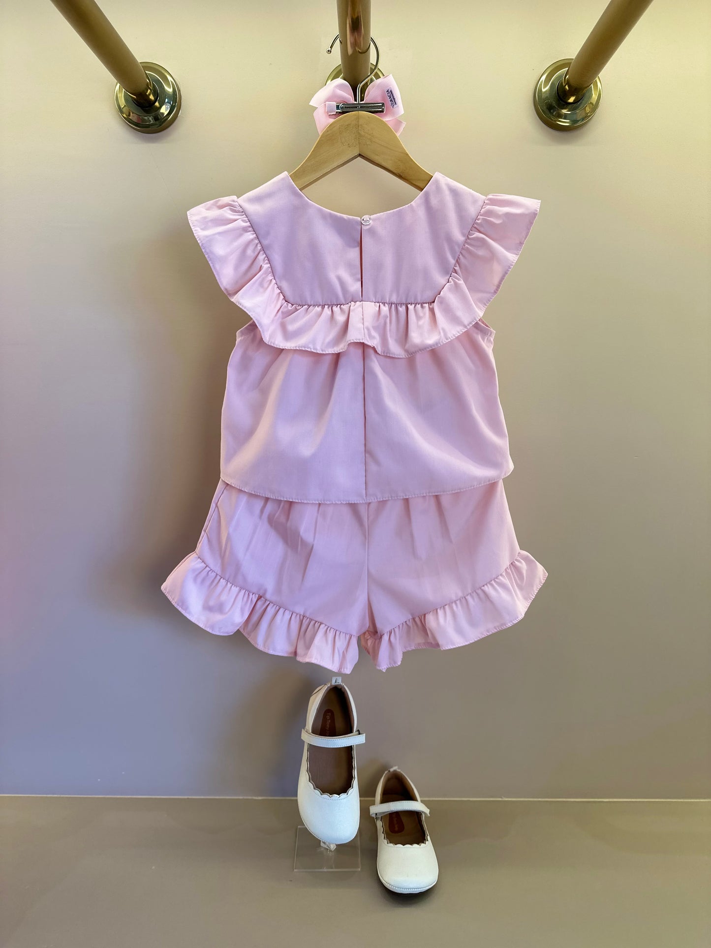Conjunto Infantil Tricoline Blusa Bordada Flores e Shorts Babadinhos Rosa - Mon Sucré