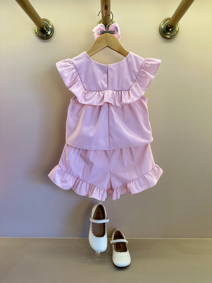 Conjunto Infantil Tricoline Blusa Bordada Flores e Shorts Babadinhos Rosa - Mon Sucré