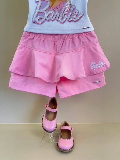 Conjunto Infantil Blusa Cropped Boneca Barbie Cristais e Shorts Sarja Babado Barbie Rosa - Pituchinhus