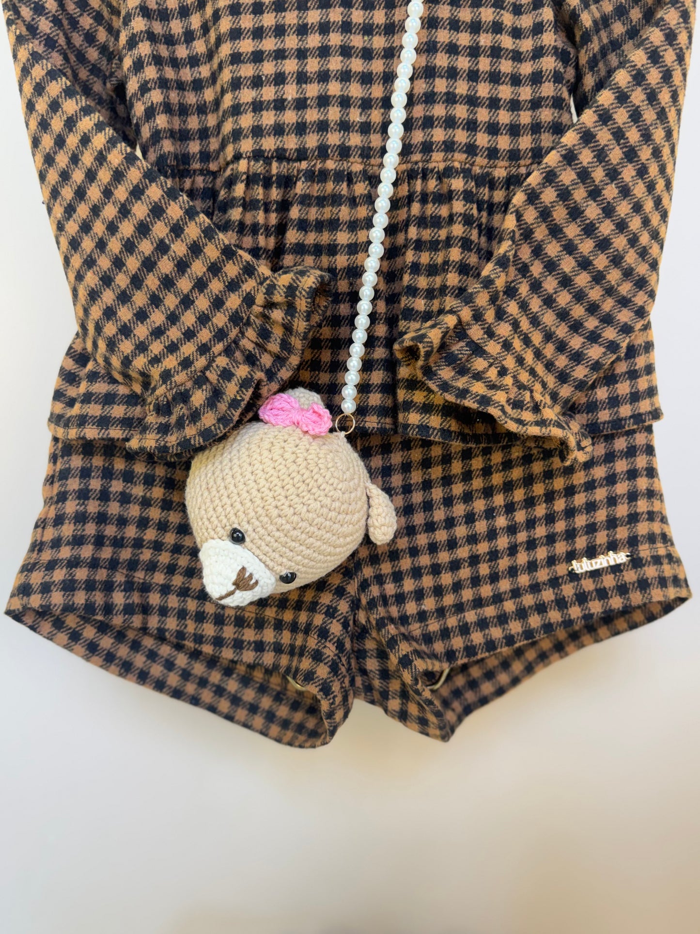 Conjunto Infantil Alfaiataria Casaquinho e Shorts Xadrez com Bolsinha Ursinho - Luluzinha
