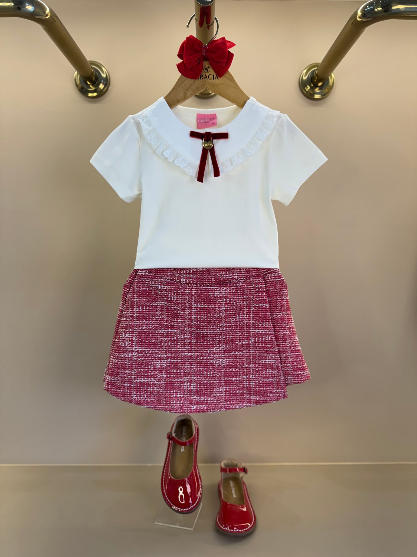 Conjunto Infantil Blusa Manga Longa Gola Laço e Shorts-saia Tweed - Momi