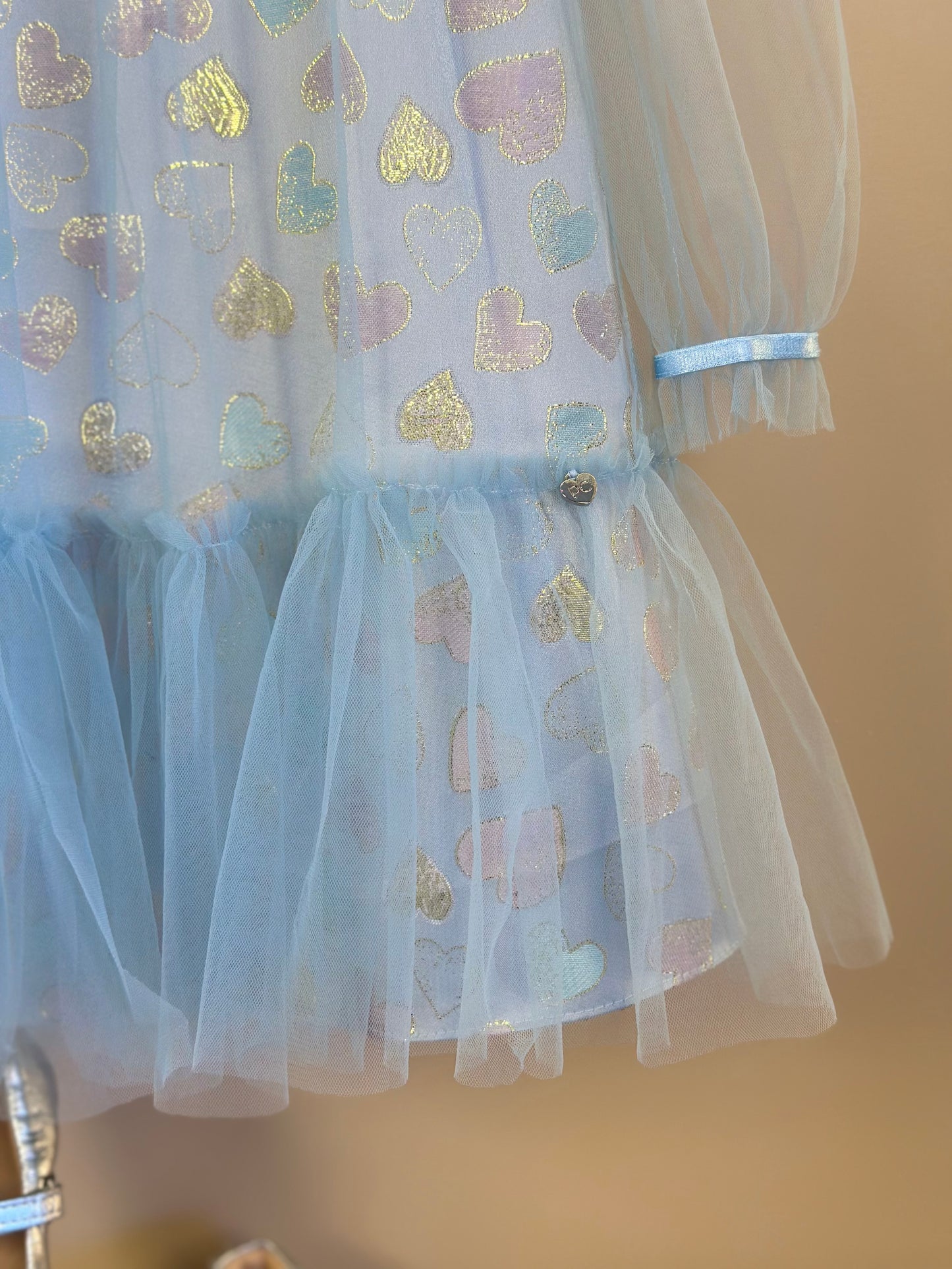 Vestido Infantil Trapézio ML Tule Jacquard Corações Azul - Petit Cherie