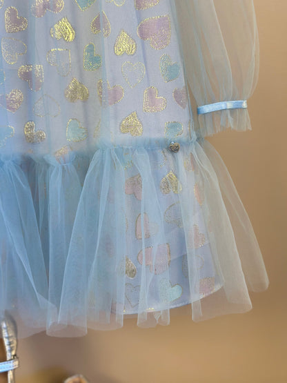 Vestido Infantil Trapézio ML Tule Jacquard Corações Azul - Petit Cherie