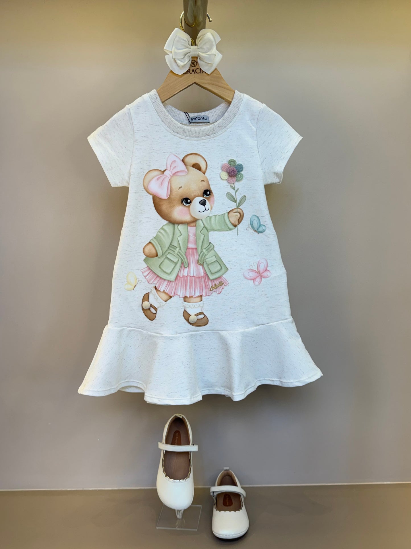Vestido Infantil Molecotton Algodão Ursinha Flores Bege Claro - Infanti