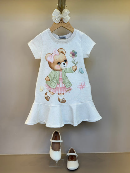 Vestido Infantil Molecotton Algodão Ursinha Flores Bege Claro - Infanti
