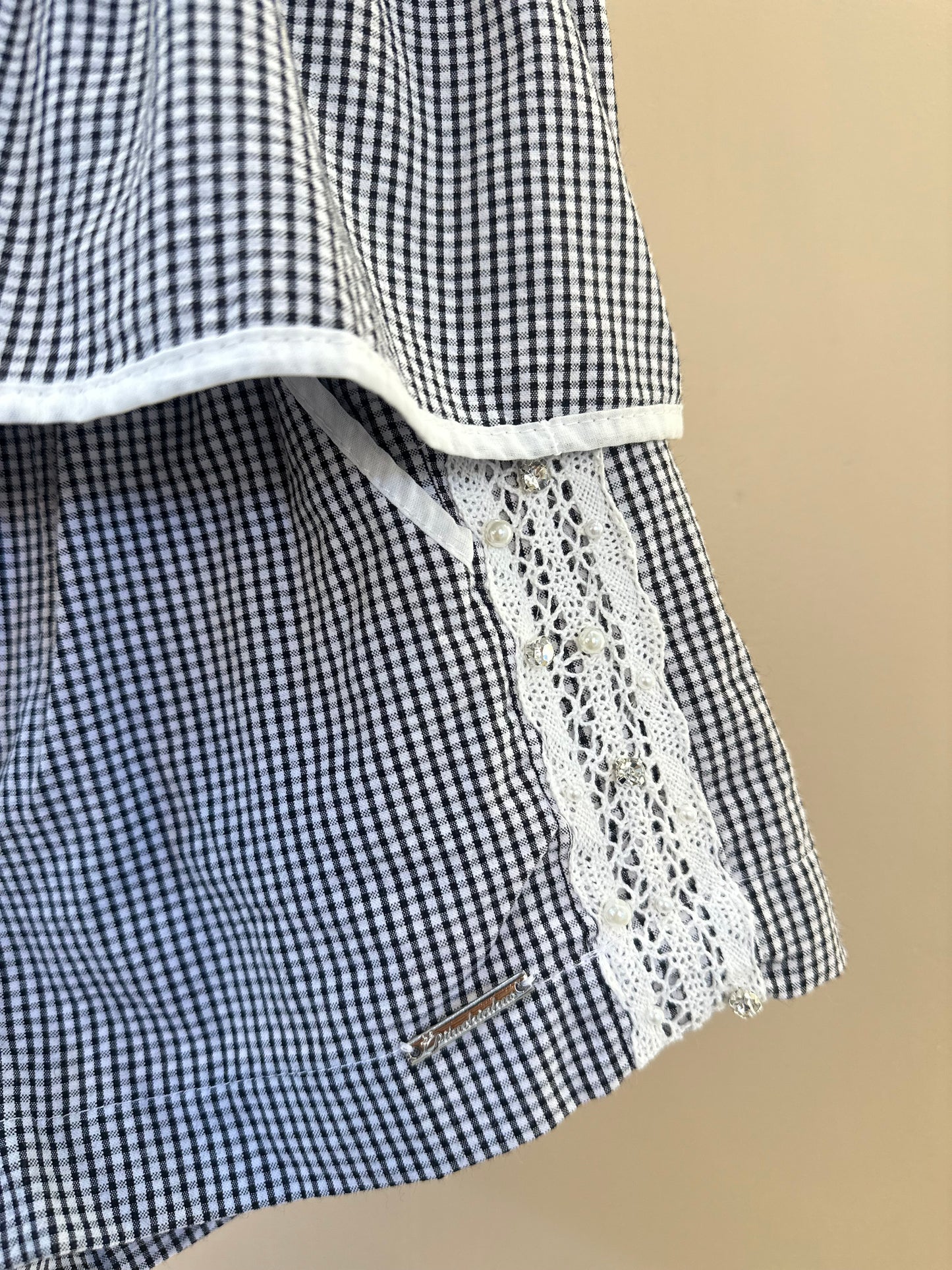 Conjunto Infantil Algodão Blusa Xadrez Renda Bordada e Shorts Xadrez Bordado e Renda - Pituchinhus