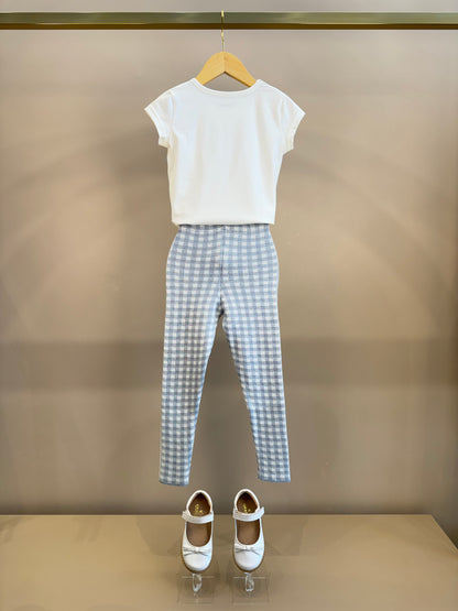 Conjunto Infantil Blusa Off White Love Tule e Legging Tricot Xadrez Azul - Pituchinhus