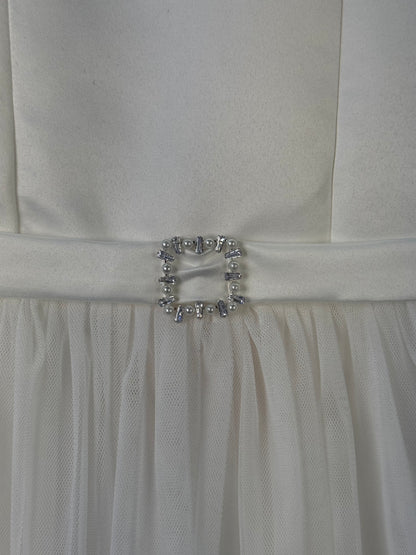 Vestido Infantil Alças Finas Saia Em Tule Off White - Petit Cherie