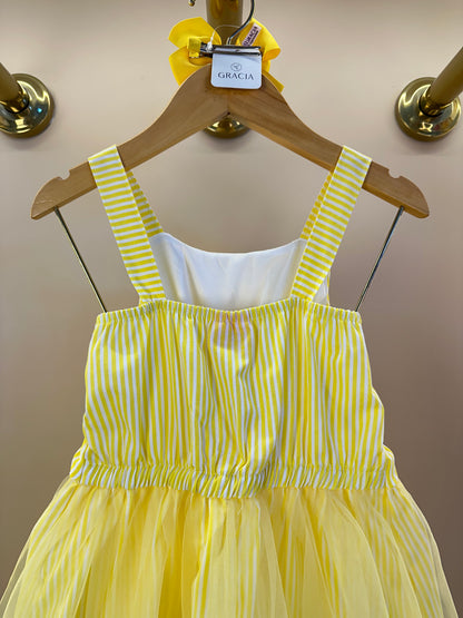 Vestido Listrado Com Tule e Aplicação de Flores - Momi