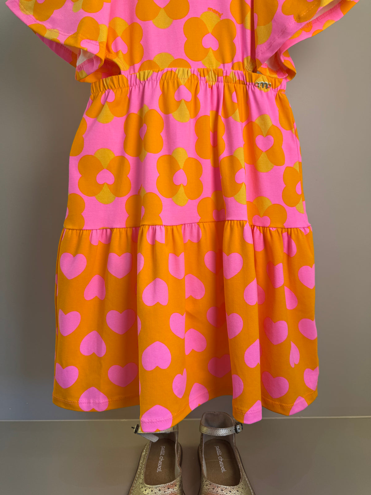 Vestido Infantil Laranja Floral com Saia em Camadas - Momi
