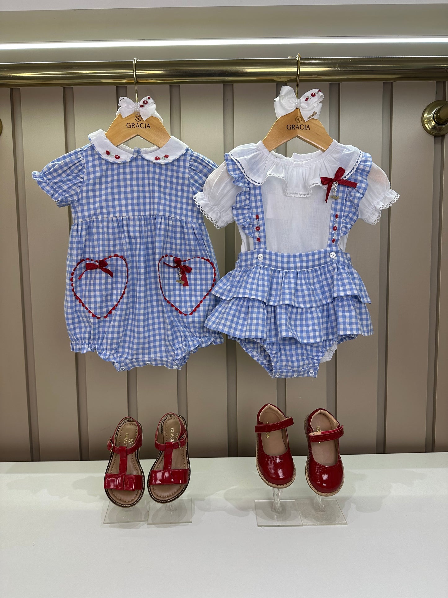 Pimpão Bebê Luxo Gola Bordada Renda Xadrez Azul - Roana