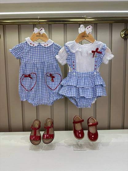Pimpão Bebê Luxo Gola Bordada Renda Xadrez Azul - Roana