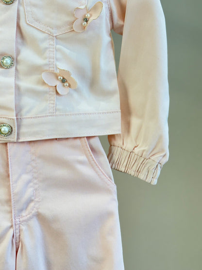 Conjunto Infantil Jaqueta Sarja Rosa Borboletas e Calça Wide Rosa - Gabriela Aquarela