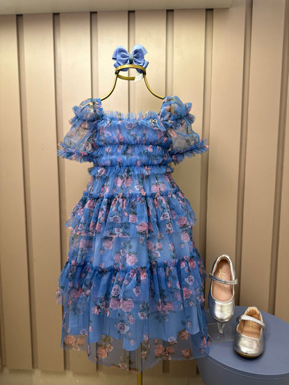 Vestido Infantil Midi Tule Floral Azul Babados - Luluzinha