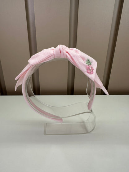 Tiara Infantil Mariana Rosa Tecido Algodão Laço Duplo Flores Bordadas - Roana