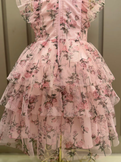 Vestido Infantil Festa Princesa Tule Floral Rodado Rosa - Luluzinha