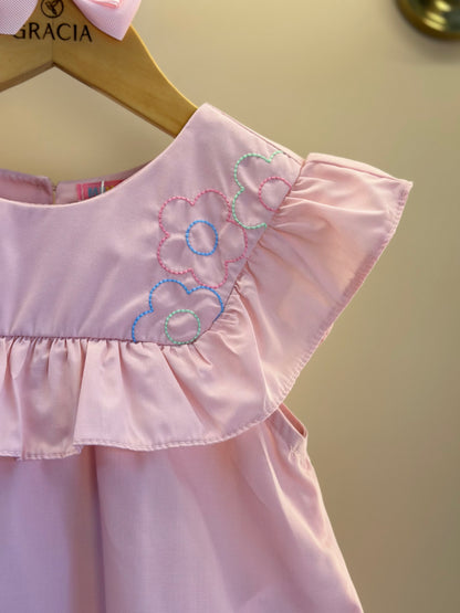 Conjunto Infantil Tricoline Blusa Bordada Flores e Shorts Babadinhos Rosa - Mon Sucré
