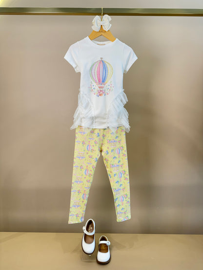Conjunto Infantil Blusa Strass Em Tule e Calça Legging Estampada - Petit Cherie