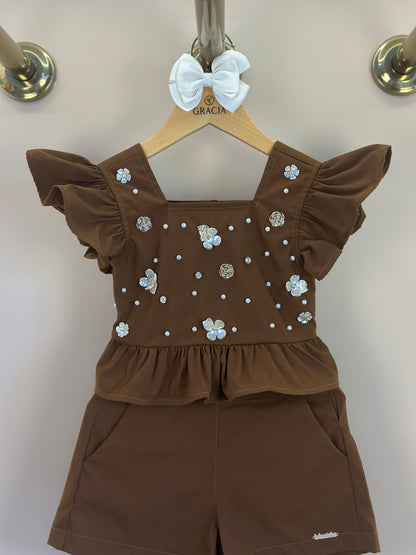 Conjunto Infantil Blusa e Shorts  Sarja Bordado Manual Marrom - Luluzinha