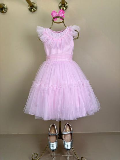 Vestido Infantil Gola Bordada Em Tule Rosa - Petit Cherie