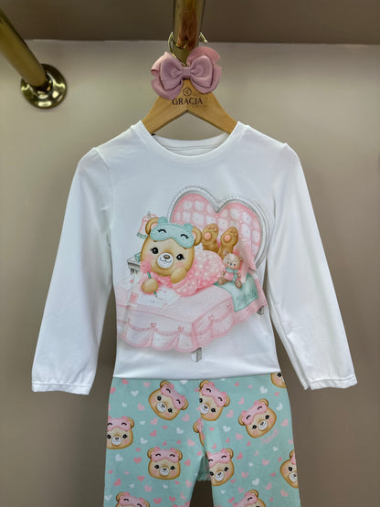 Pijama Infantil Blusa ML Ursinha Off e Legging Estampada Verde - Infanti