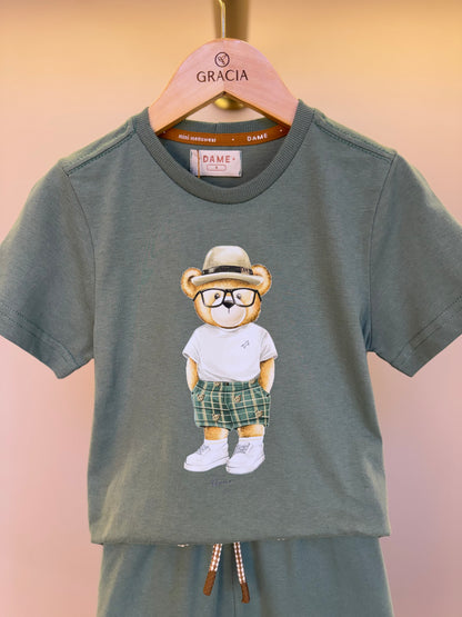 Conjunto Infantil Camiseta Algodão Teddy Chapéu Panama e Bermuda Moletom Algodão Recortes Eucalipto - Dame