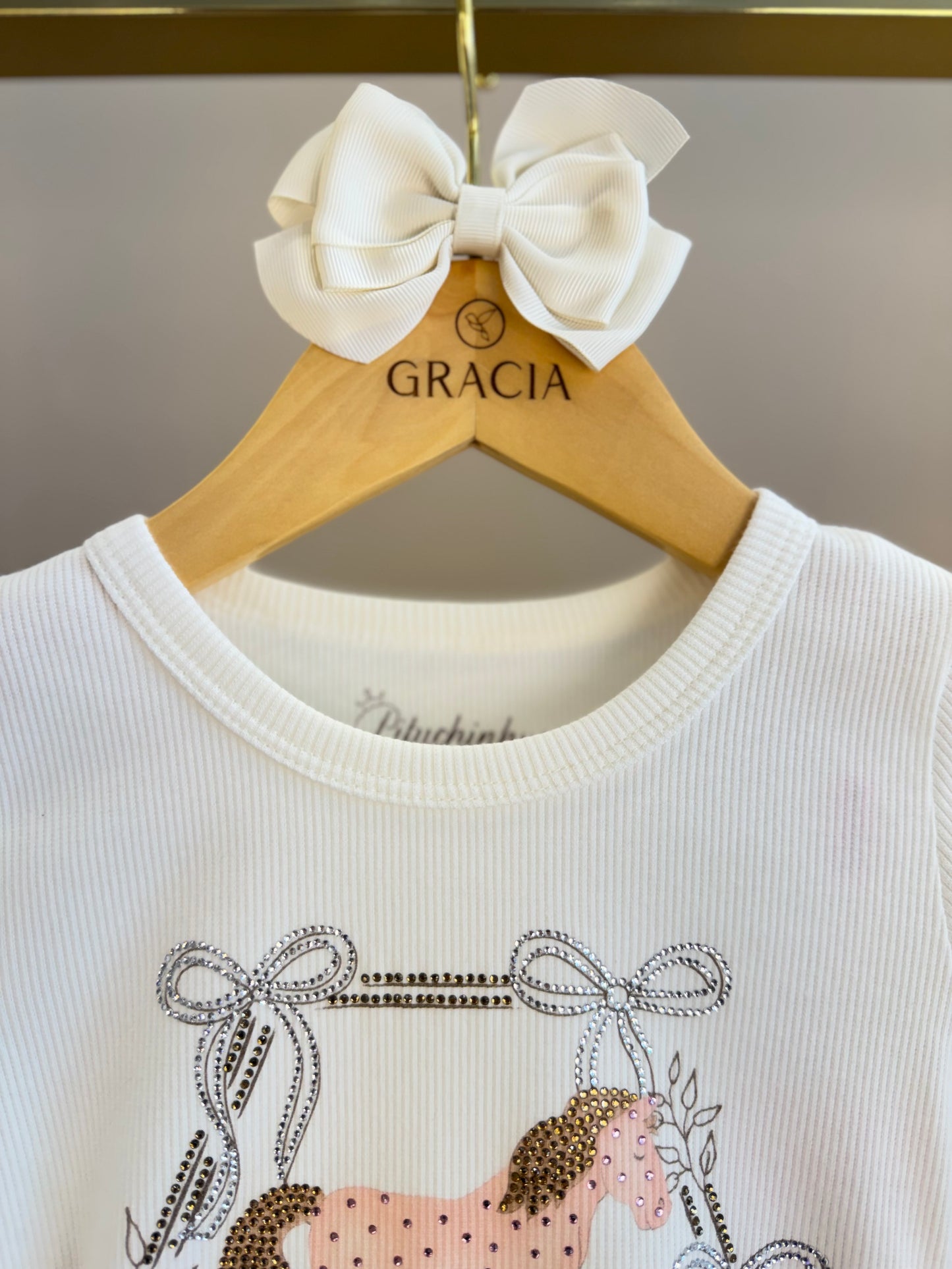 Conjunto Infantil Blusa Off White Cavalinho Cristal E Legging Tricot Xadrez Marrom - Pituchinhus
