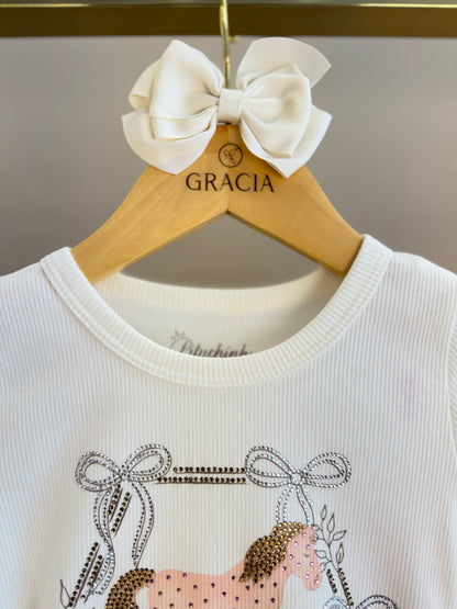 Conjunto Infantil Blusa Off White Cavalinho Cristal E Legging Tricot Xadrez Marrom - Pituchinhus