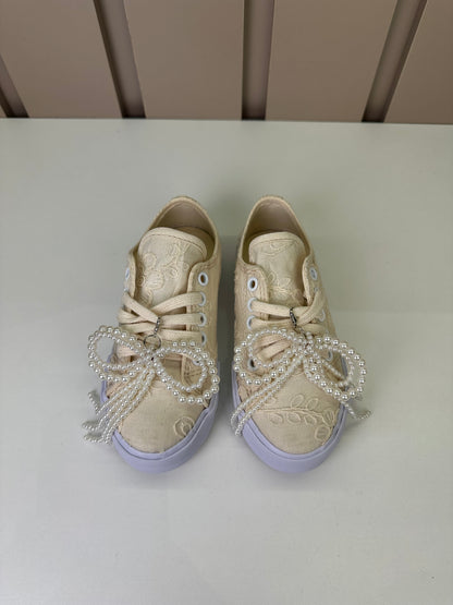 Tênis Infantil Casual Rendado Laço Pérolas Off White - Luluzinha