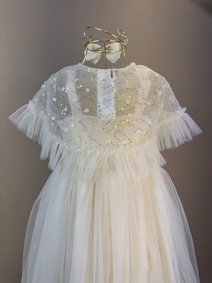 Vestido Infantil Festa com Capa Tule Bordado Creme - Petit Cherie